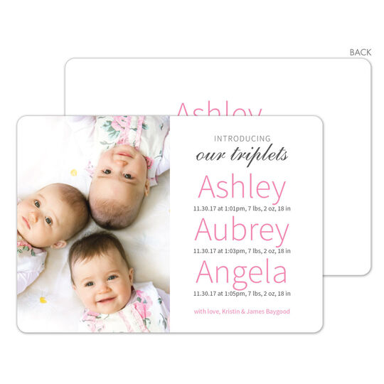 Pink Simple Names Triplets Photo Birth Announcements